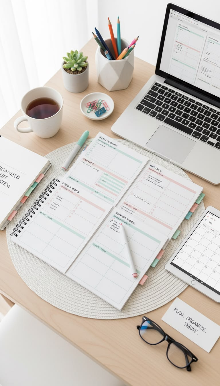 Structured coaching programme materials arranged on a desk
